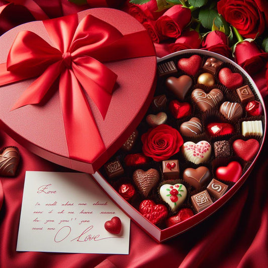 a box of chocolate shaped like a heart with a love letter beside