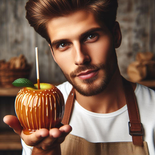 A man holding a gourmet caramel apple on his hand