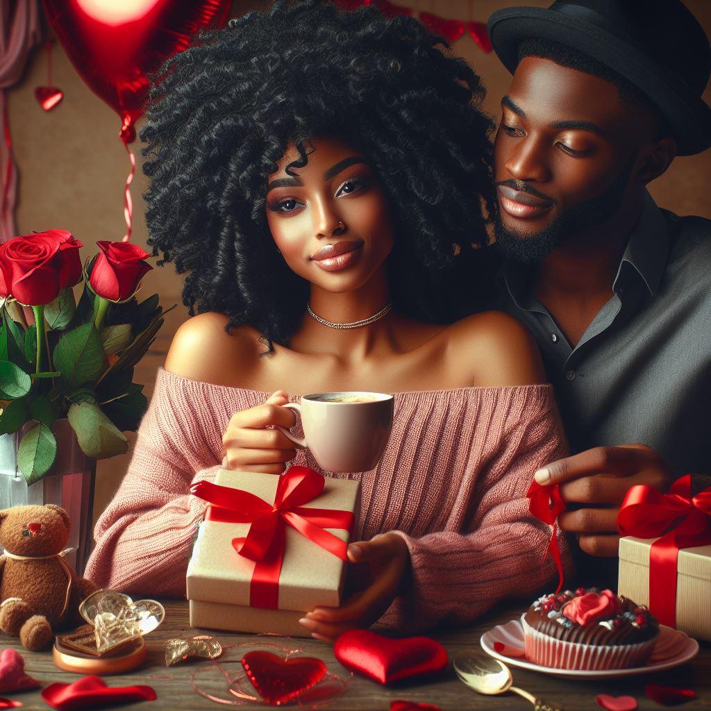 a man hugging a lady sitting down. the atmosphere is a red and romance theme