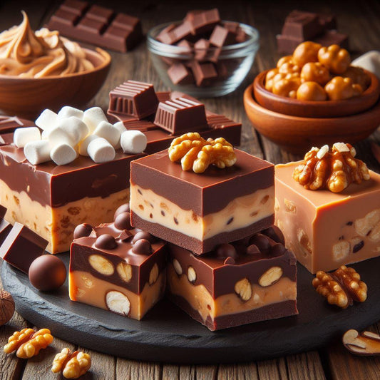3 different fudges such as walnut and marshmallow fudges, peanut butter fudges and chocolate lover fudges on a plate surrounded with their ingridients