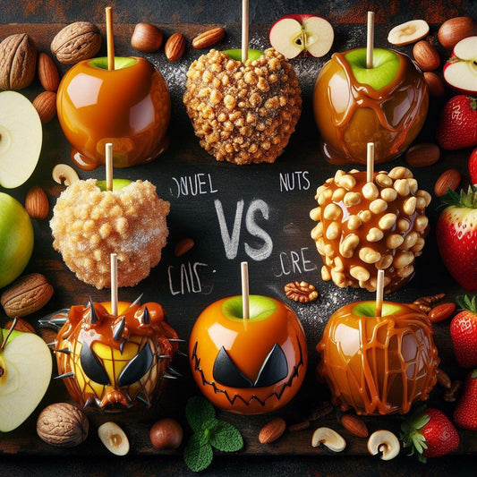 illustrating different kind of caramel apples toppings like nuts, classic and unexpected competing.
