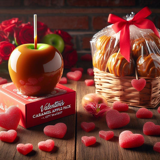 a caramel apple on a box beside a gift box which has some sweets. the theme is valentine