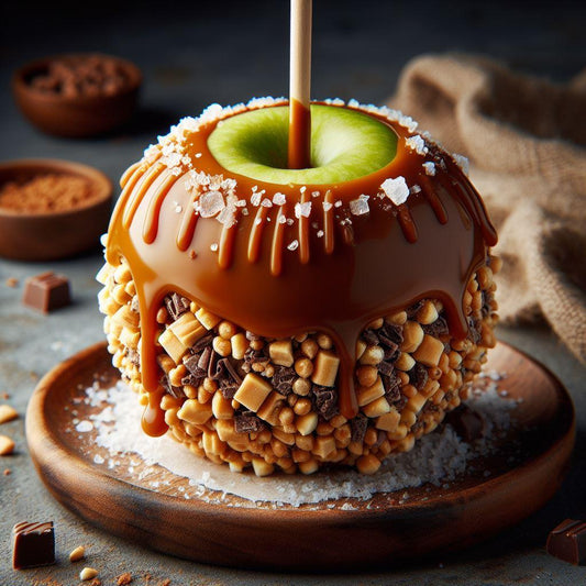 a gourmet caramel apple is being made