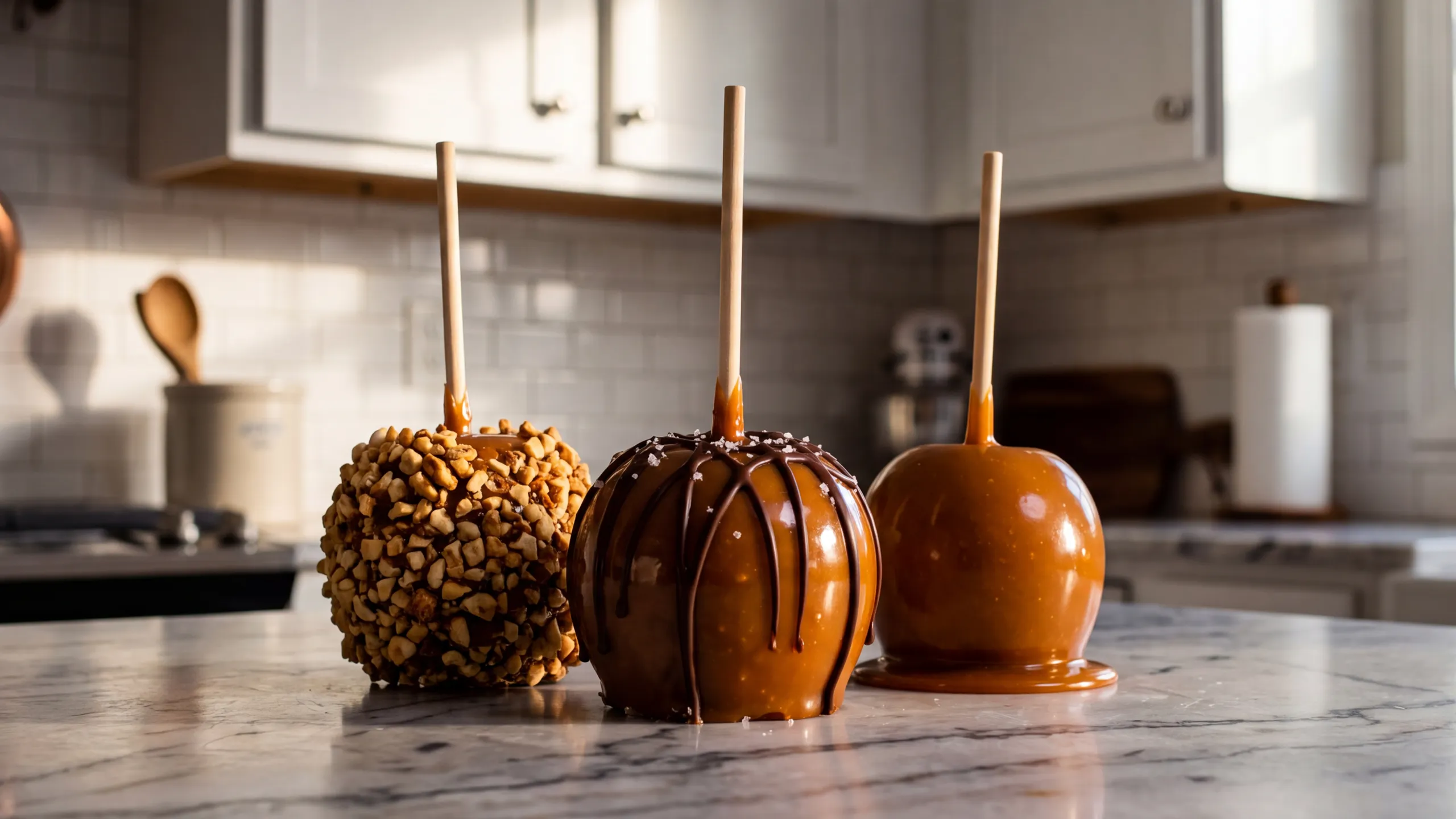 Three caramel apples on a marble counter in the US Sweets kitchen