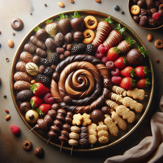 image of a plate illustrating different types of chocolate dipped treats such as strawberry, marshmallow and pretzels