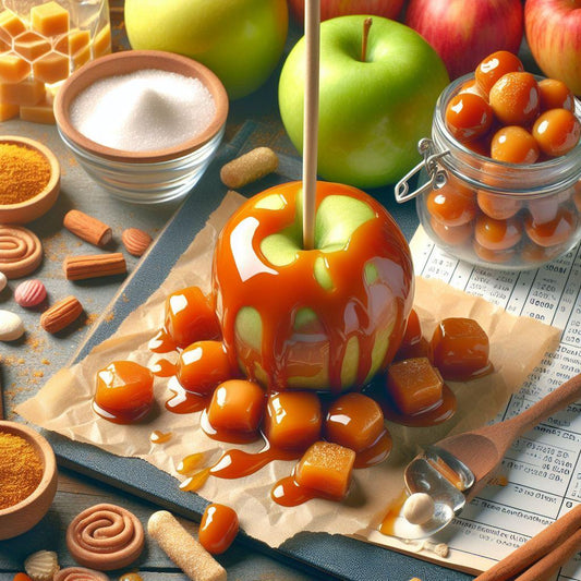 a caramel apple in the middle of the image surrounded with sugar, caramel and apples