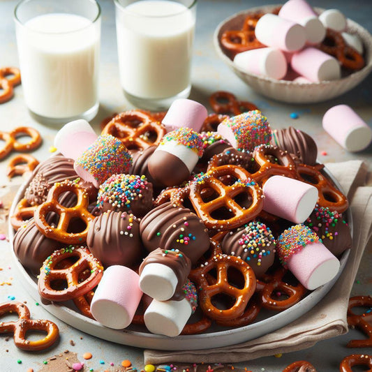 an image illustrating marshmallows and chocolate pritzels in a plate beside 2 glasses of milk