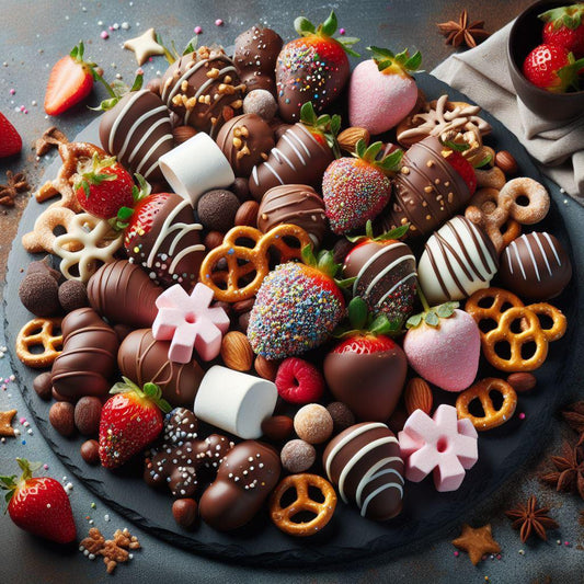 a plate full of chocolate dipped fruits such as strawberry and marshmallows and chocolate