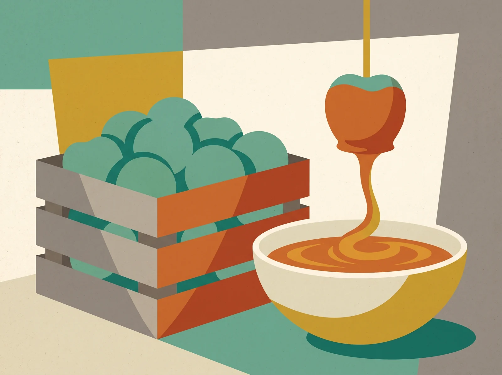 Mid-century style illustration of a crate of green apples beside a bowl of caramel, with one apple on a stick lifting out of the dip.