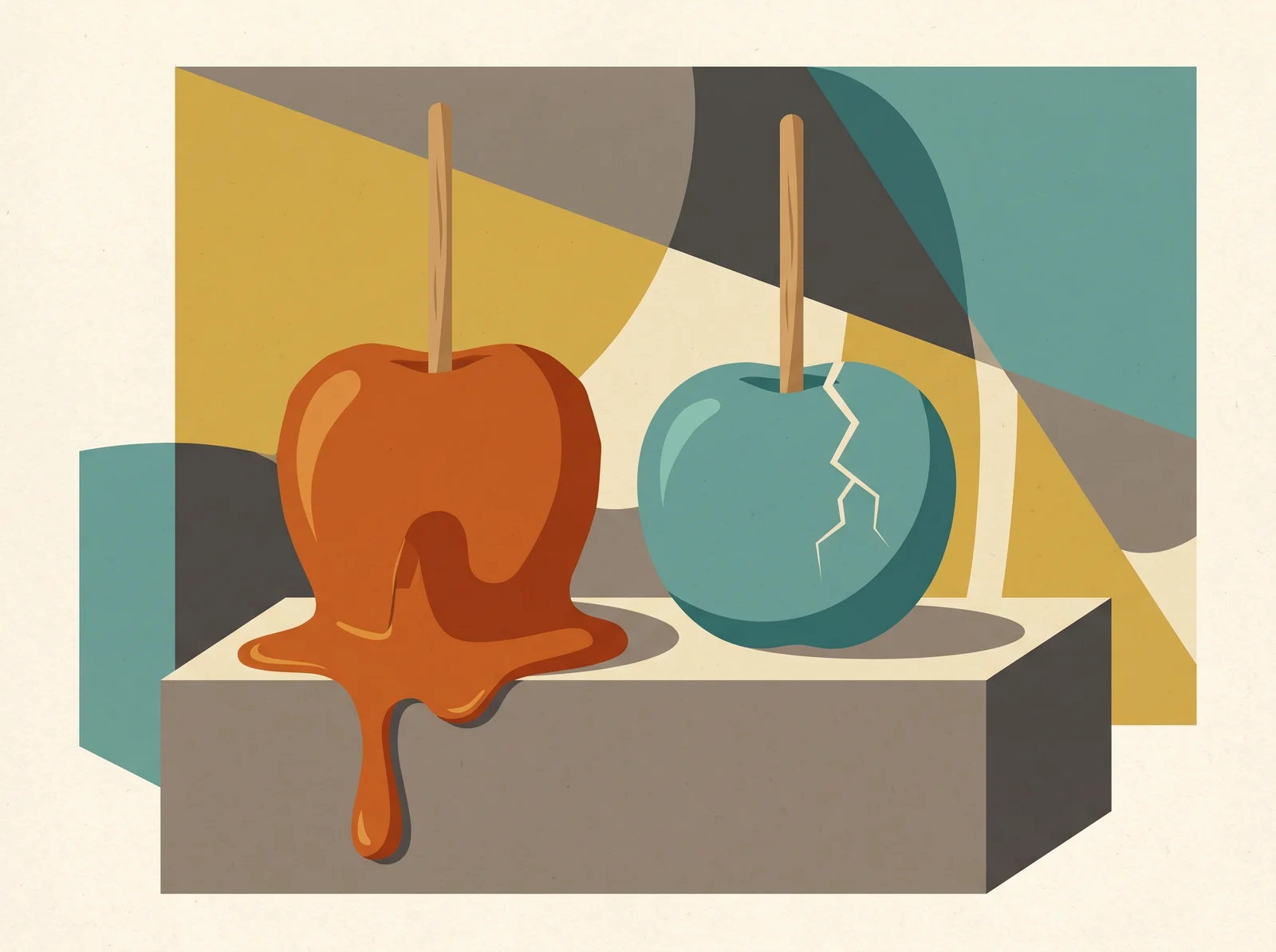 Mid-century style illustration of two apples on sticks: one sagging under soft caramel, the other a hard shell with a crack down it.