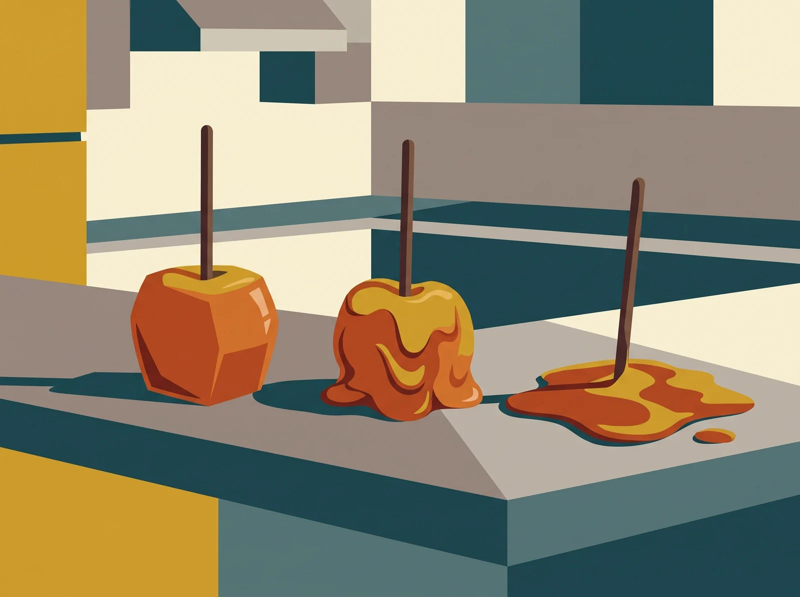 Mid-century style illustration of three caramel apples on a counter showing the same apple over time: firm, then sagging, then with the caramel slid off into a pool.
