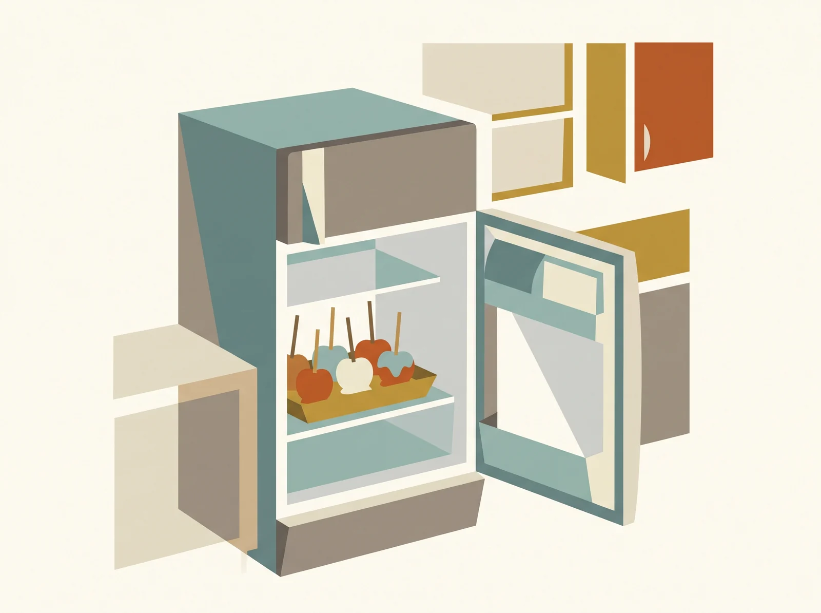 Mid-century style illustration of an open refrigerator with a tray of caramel apples standing upright on a shelf.
