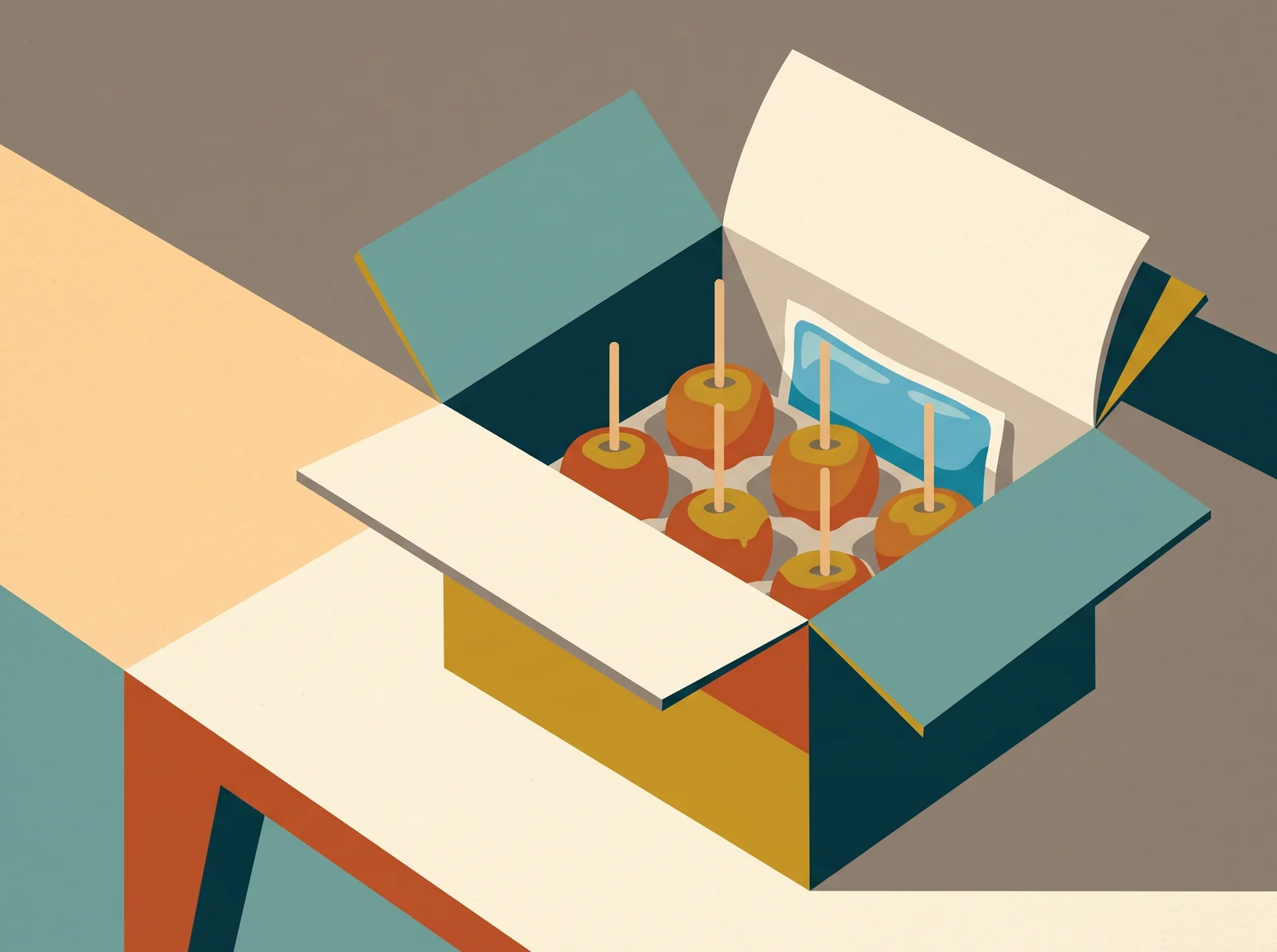 Mid-century style illustration of an open shipping box with caramel apples nested in a tray and a cold gel pack beside them.